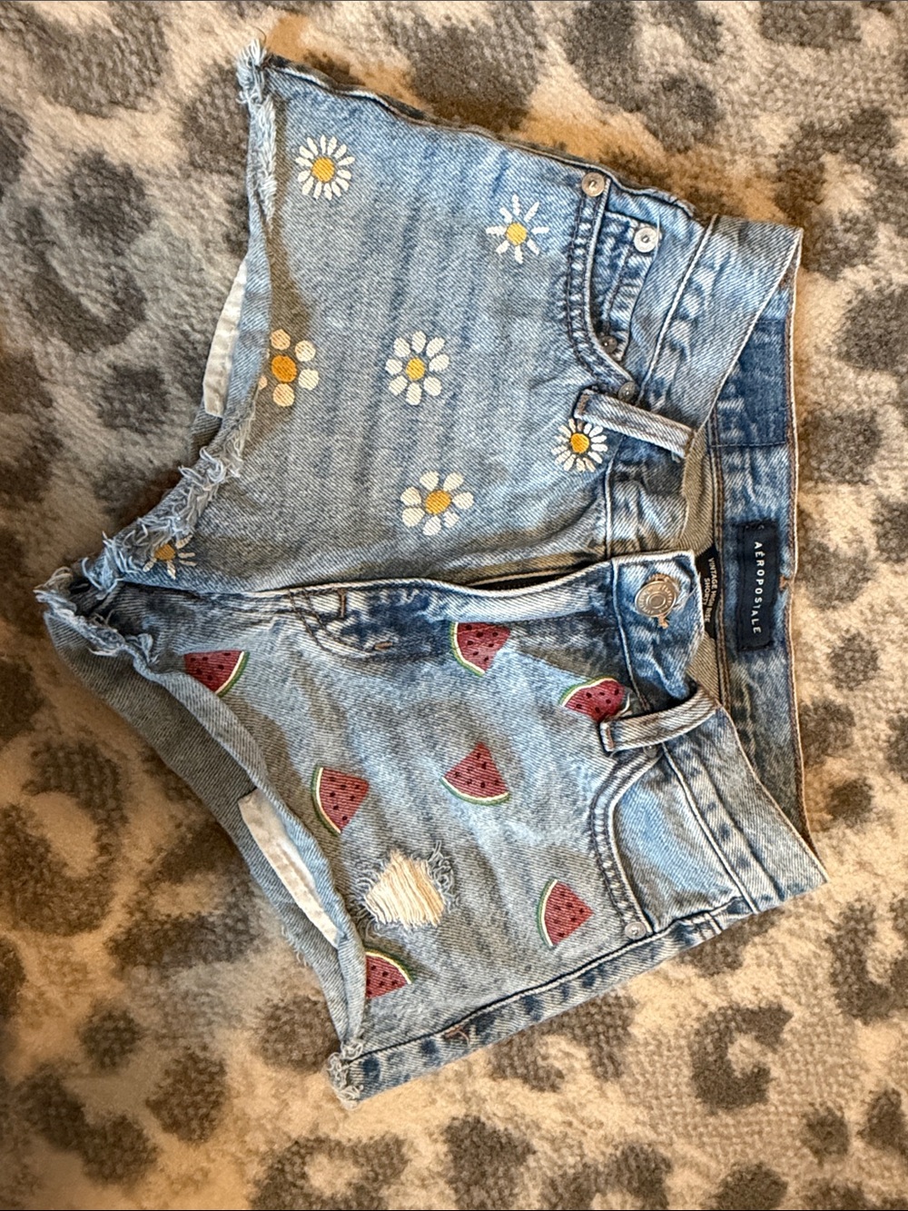 Aeropostale Light Blue Denim Shorts with Daisy & Watermelon Embroidery